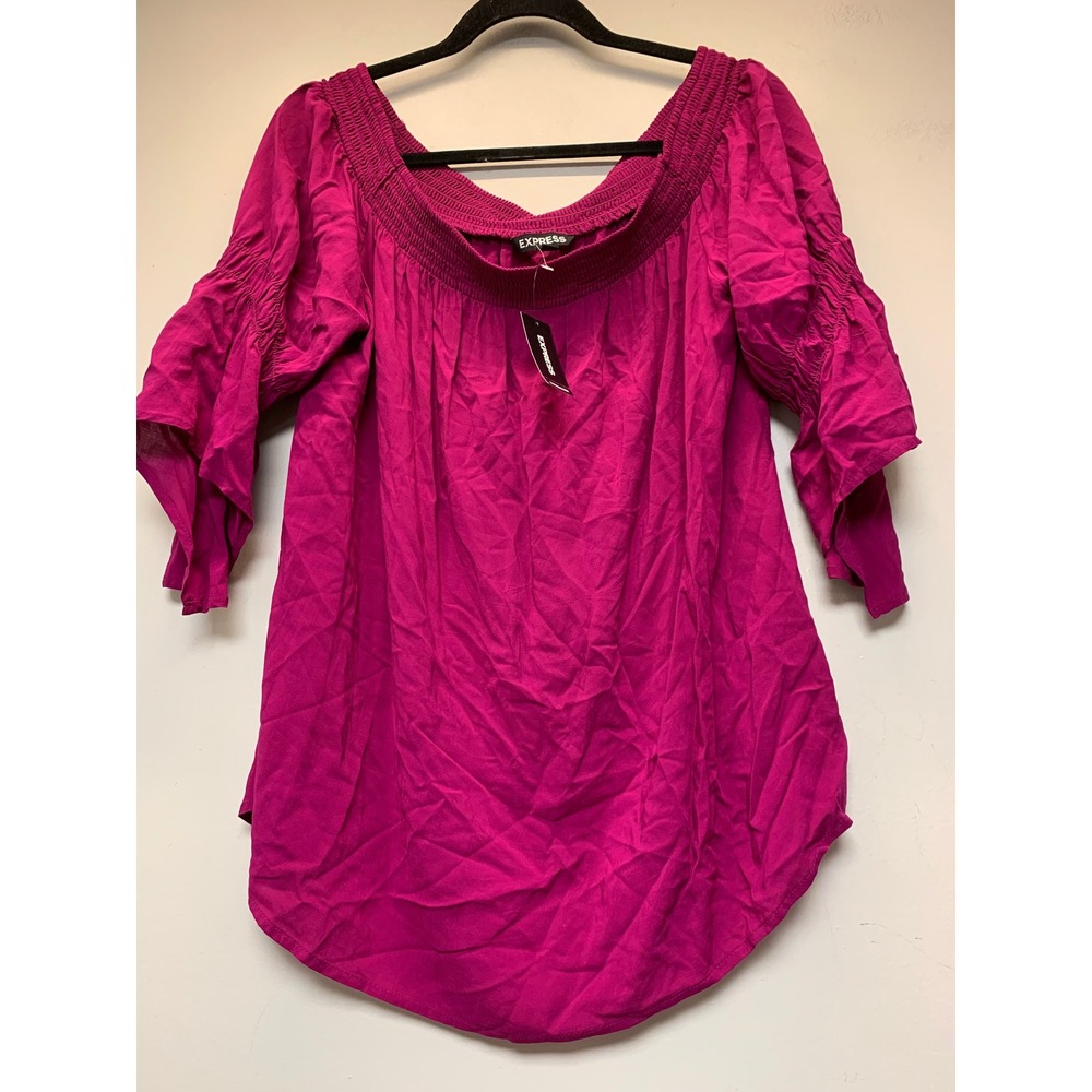 Express Blouse Womens Large Magenta NEW Smocked Off Shoulder Bell Sleeve Boho